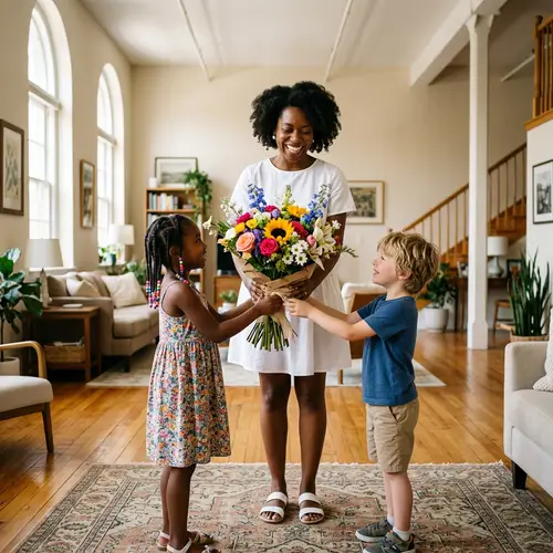 Children Surprising Mom with Multicoloured Flowers | Heartwarming Scene