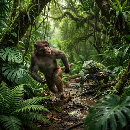 Muscular Monkey Escapes Lizard with AK47 in Vibrant Jungle