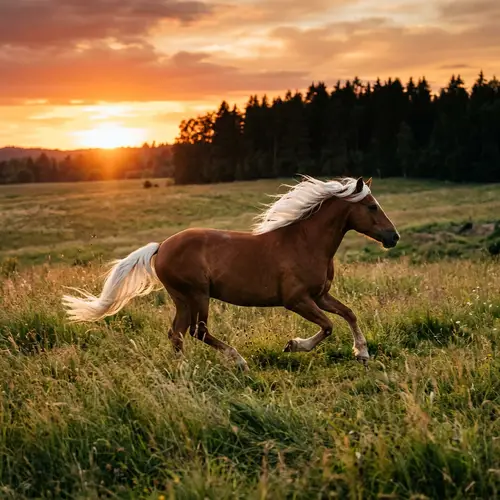 Graceful Chestnut Brown Horse Galloping in Golden Sunset Field