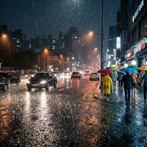 Intense Rainfall in City at Night - Raindrops, Cars, and Pedestrians