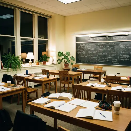 Illuminated Classroom Setup with Plants, Chalkboard, Chairs, and Tables