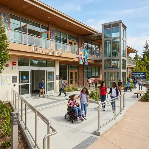 Inclusive Two-Story School Building with Elevators and Disability Features