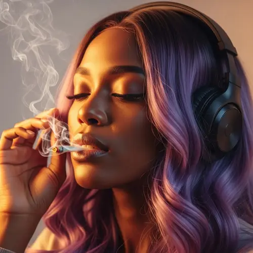 Dark Skin Woman with Purple Ombre Hair Smoking Weed
