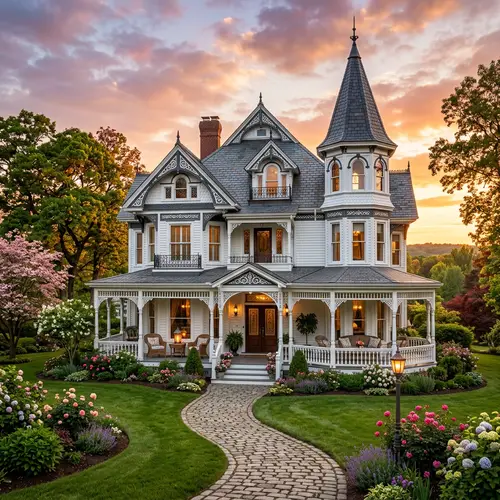 Exquisite Victorian Dream House Drawing with Towering Turret