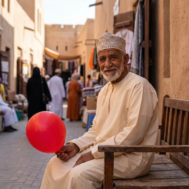 Elderly Omani Man in Traditional Robes with Red Balloon