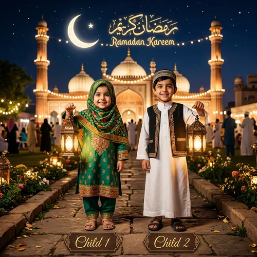 Ramadan Kareem: Traditional Muslim Children with Lanterns