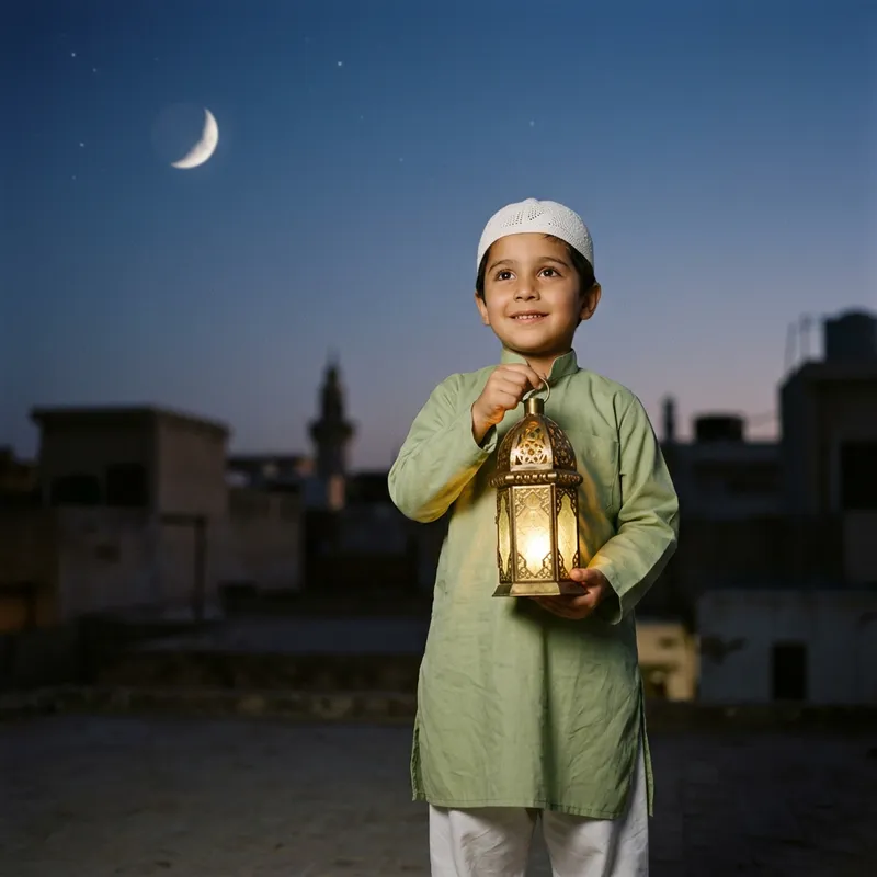 Muslim Child in Traditional Attire Holding Lamp with Crescent Moon Muslim Child in Traditional Attire Holding Lamp with Crescent Moon