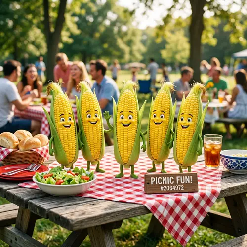 Smiling Corn Ears on a Picnic Table