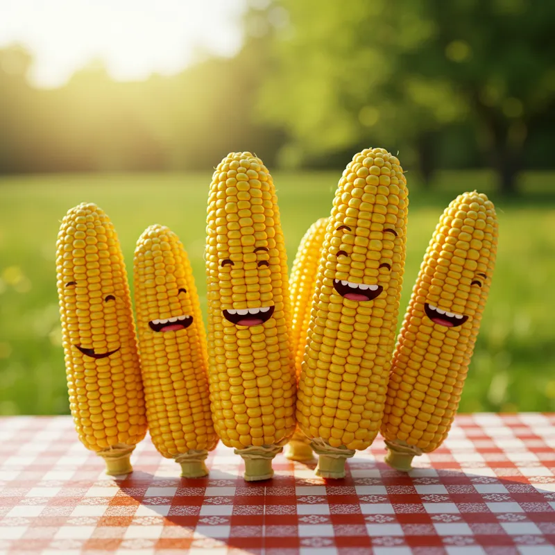 Smiling Corn Ears on a Picnic Table