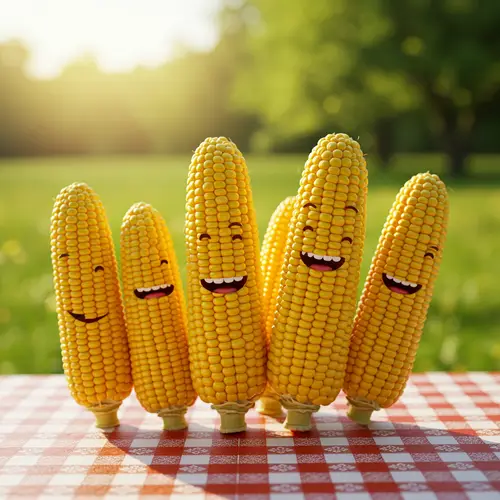 Smiling Corn Ears on a Picnic Table