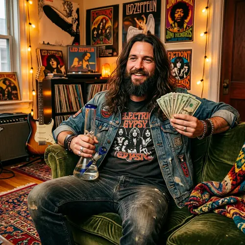 Rock Musician Celebrates with Glass Bong and Money