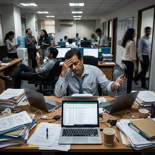 Bustling Office Scene: Stressed Director Amid Corporate Chaos