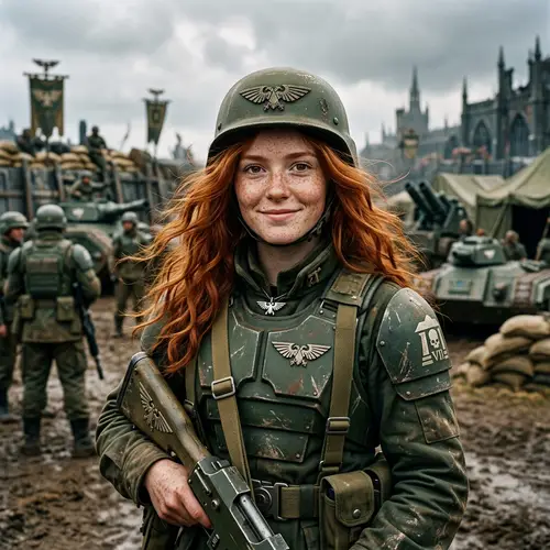 Vibrant Red-Haired Girl in Warhammer 40K Uniform