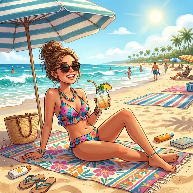 Girl Enjoying a Sunny Day at the Beach with Floral Swimsuit