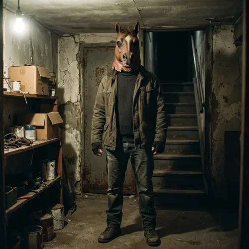 Twisted Horse Mask Man in Shadowy Setting