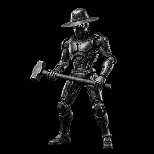 Metallic Figure with Hammer and Wide-Brimmed Hat