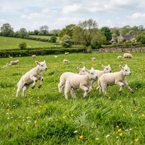 Lambs Frolicking in the Fields - Cute and Playful Scene