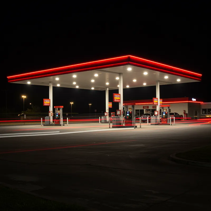 Vibrant Neon Gas Station at Night Vibrant Neon Gas Station at Night