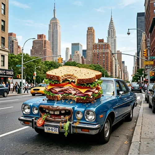 Surreal Scene: Sedan Car Devouring Enormous Sandwich