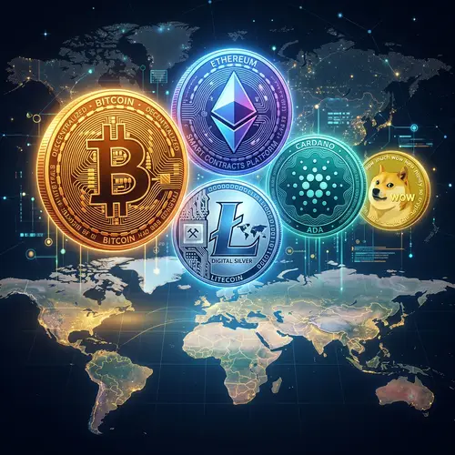 Cryptocurrency Illustration: Bitcoin, Ethereum, Litecoin