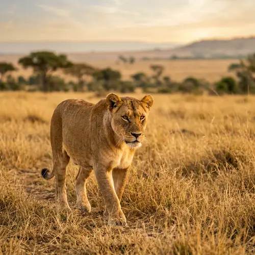 Majestic Female Lion in Golden Savannah - Wildlife Portrait