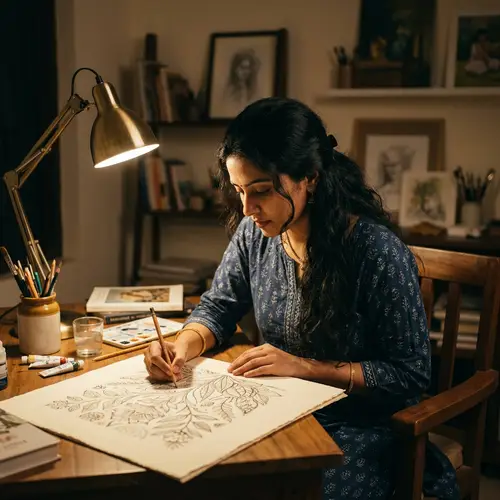 South Asian Woman Pencil Drawing Artwork