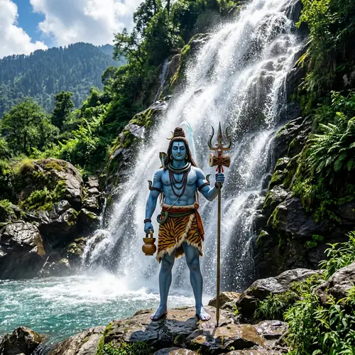 Lord Shiva at Waterfall: High Quality Image with Vibrant Colors