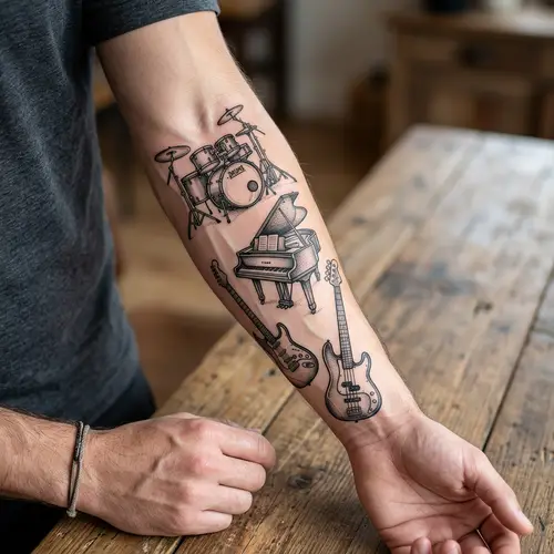 Black and White Tattoo Sketch of Musical Instruments