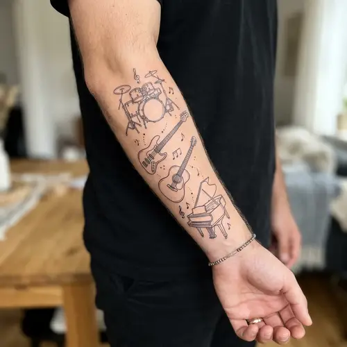 Elegant Line Tattoo: Musical Instruments Design