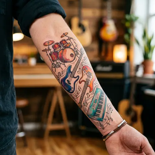 Colorful Thin-Line Musical Instrument Tattoos