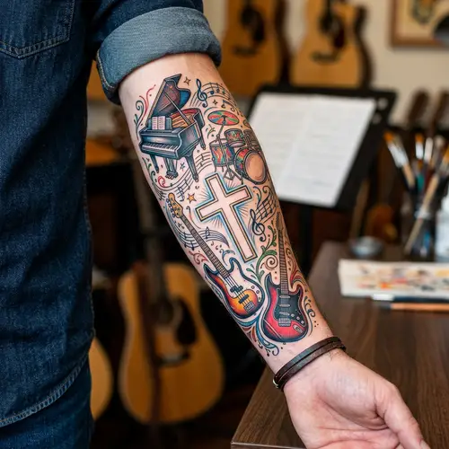 Vibrant Thin Line Tattoo of Musical Instruments