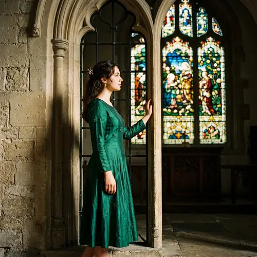Elegant Women's Dress with Stained Glass Background