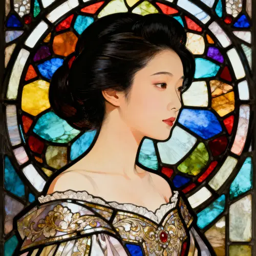 Elegant Women's Dress with Stained Glass Background