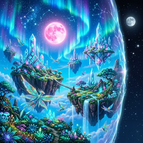 Surreal Parallel Universe with Neon Auroras and Bioluminescent Flora