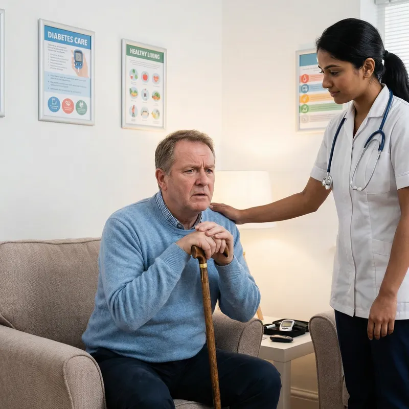 Man with Diabetes Feeling Unwell at Health Center Man with Diabetes Feeling Unwell at Health Center