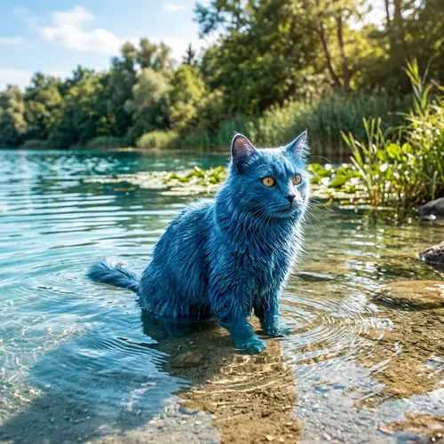 Blue Cat Sitting in Water - Cute Feline Image