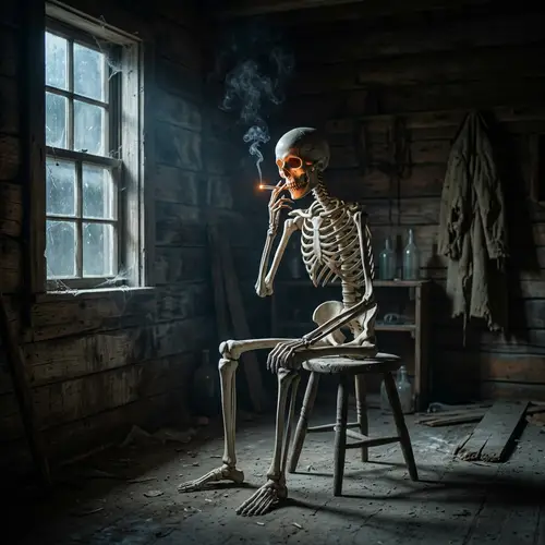 Skeleton Smoking Cigarette | Dark Moonlit Scene