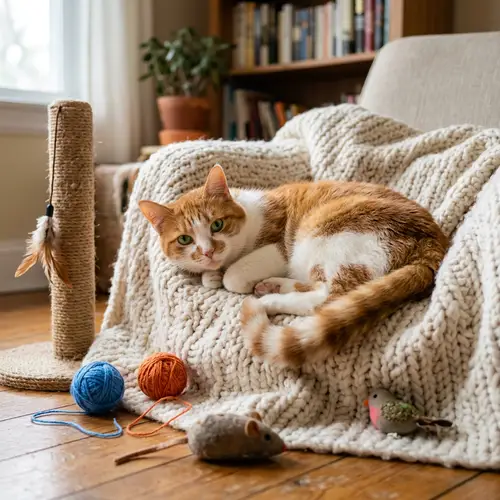 Furry Ginger and White Cat Resting in Cozy Room
