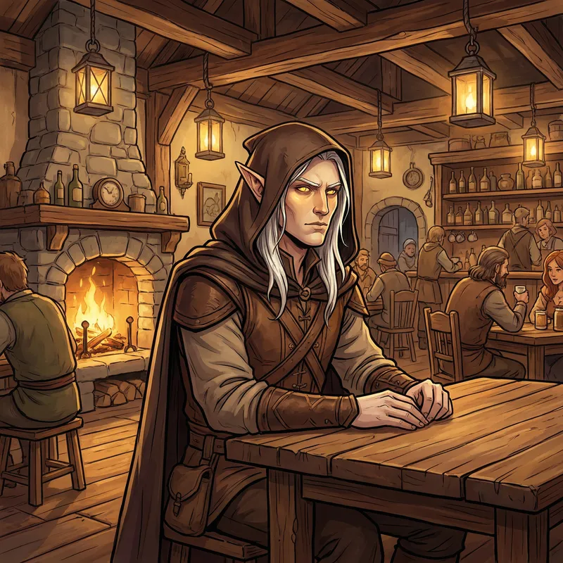 Male Elf Art in Fantasy Tavern | Yellow Eyes, White Hair, Hood
