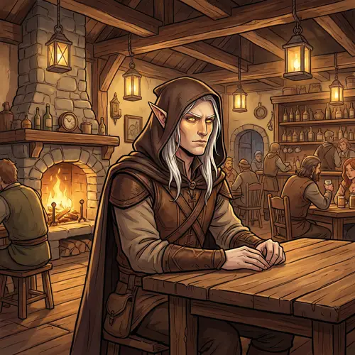 Male Elf Art in Fantasy Tavern | Yellow Eyes, White Hair