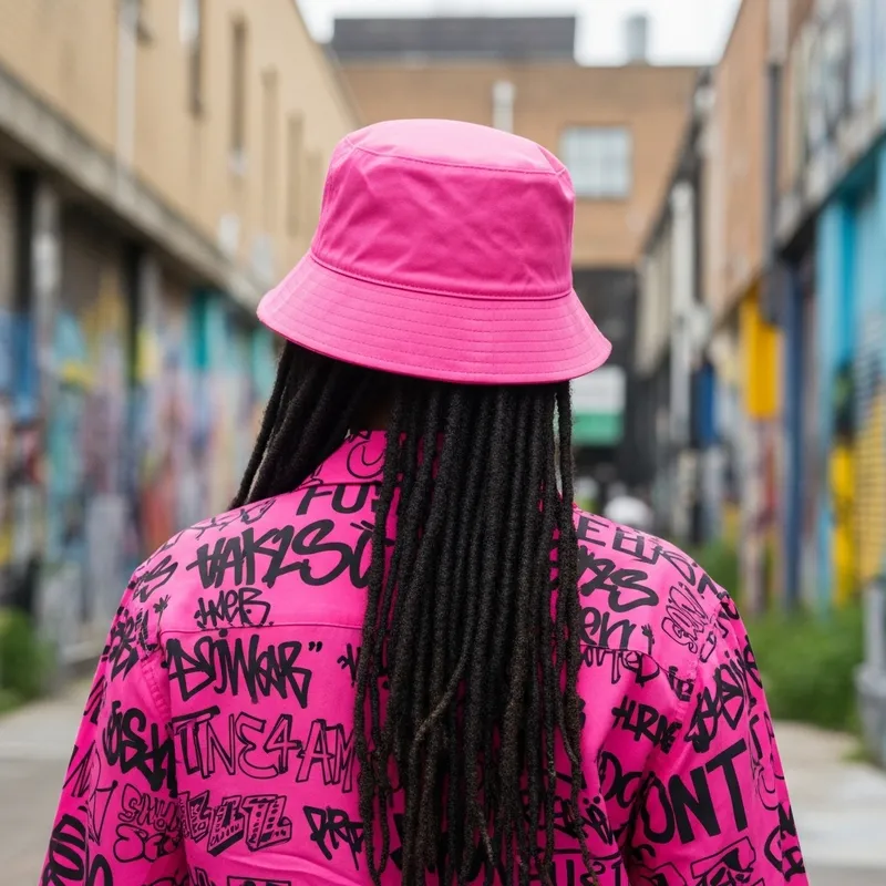 Stylish Black Woman with Pink Bucket Hat and Graffiti Shirt