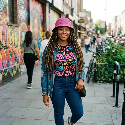 Stylish Black Woman with Pink Bucket Hat and Graffiti Shirt