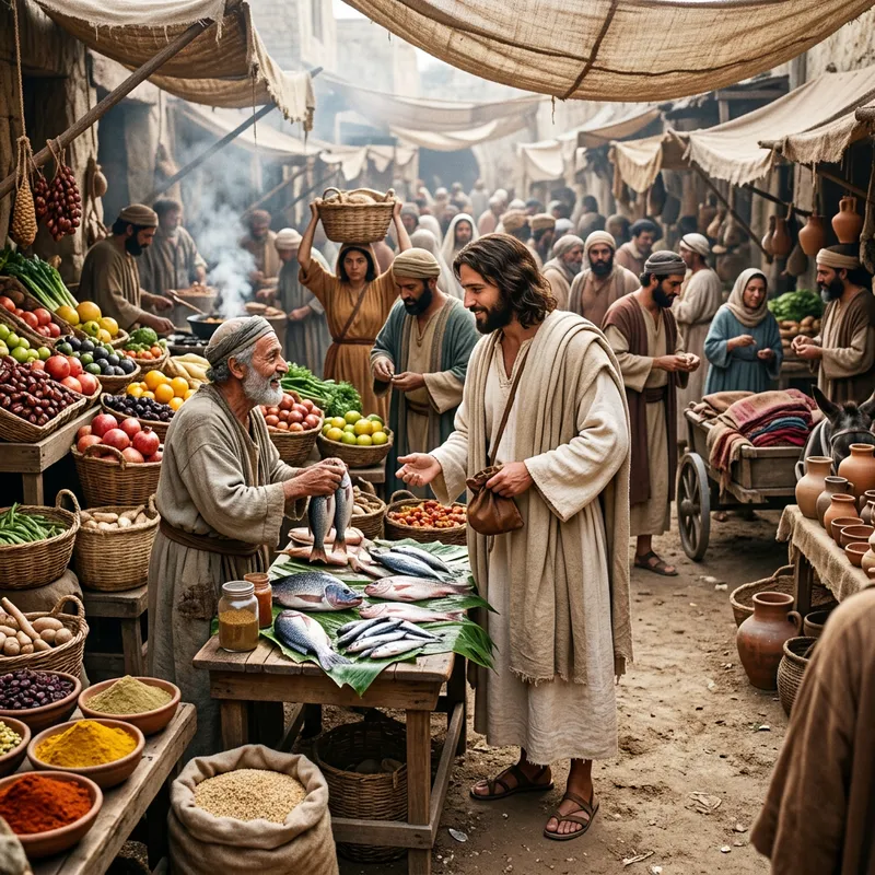 Jesus Bargaining in Vibrant Wet Market - Historical Scene Jesus Bargaining in Vibrant Wet Market - Historical Scene