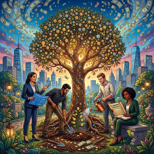 Wealth Creation Symbolism: Vibrant Money Tree and Diverse Team