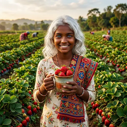 Captivating South Asian Girl in Strawberry Field with Cup of Fresh Fruits