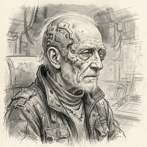 Sci-Fi Elderly Man with Cyber Implant Sketch 2500