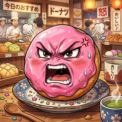 Angry Emotion Donut with Pink Glaze | Exaggerated Japanese Animation Style
