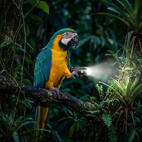 Vibrant Macaw Parrot with Flashlight in Night-Time Jungle