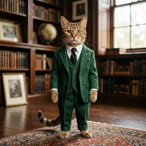 Elegant Cat in Green Suit with Black Tie