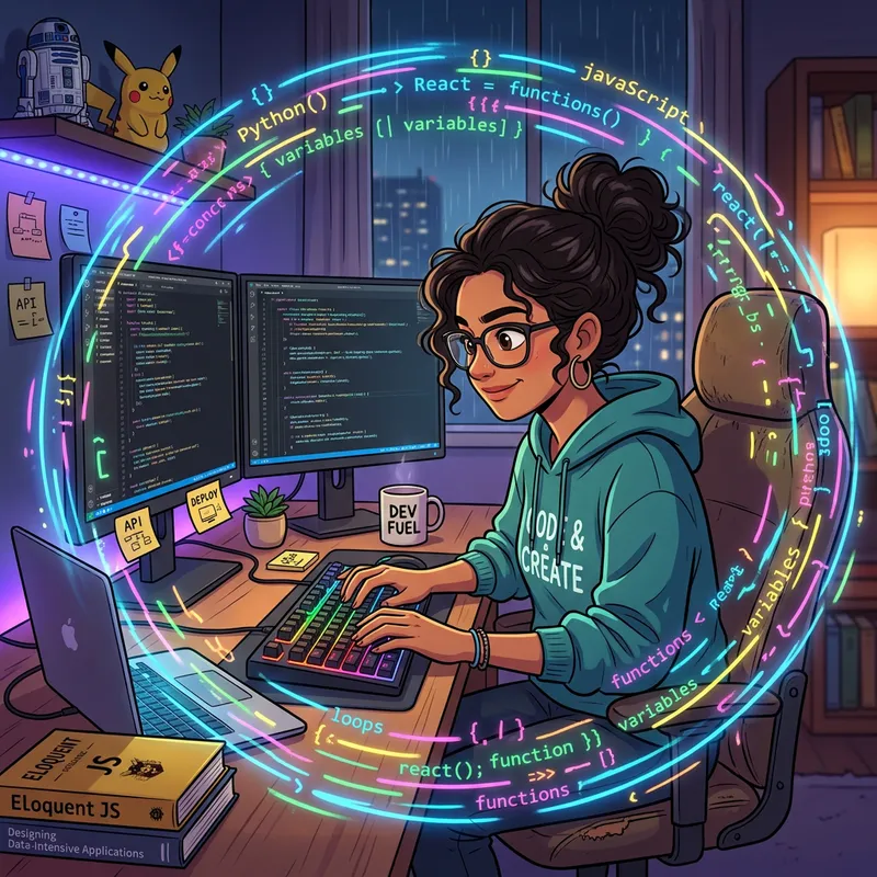 Passionate Female Developer Coding with Creative Code Surrounding Her